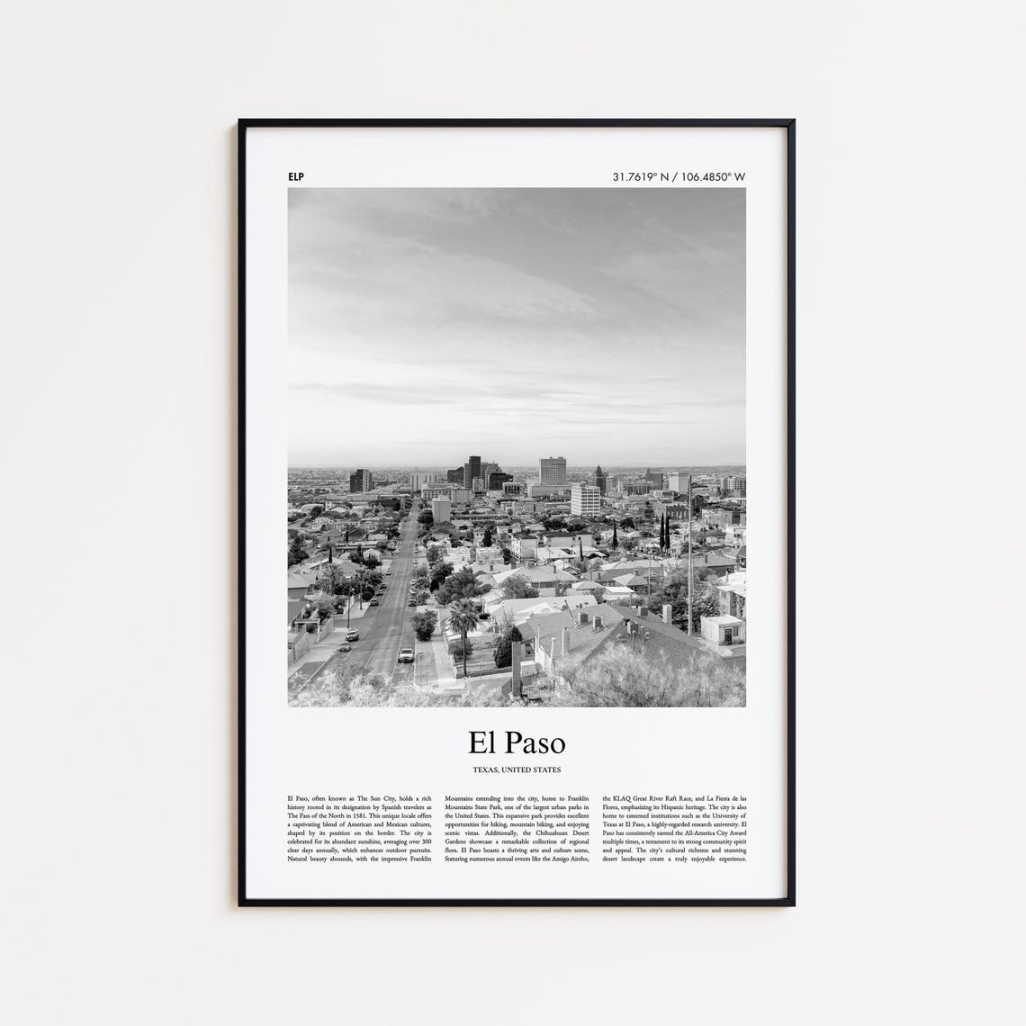 El Paso Texas Black and White Downtown Aerial Skyline Photo Print