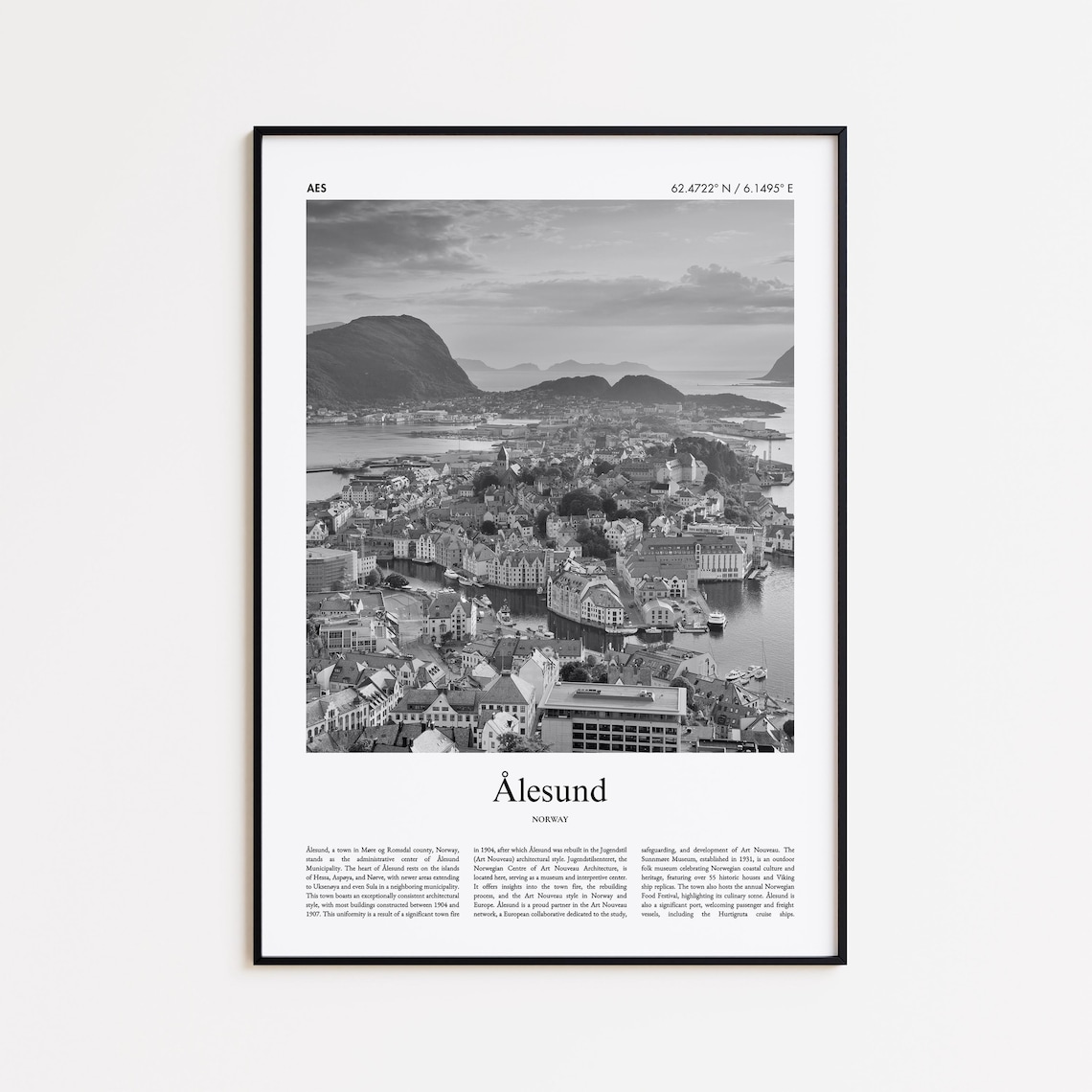 Alesund Norway Black And White Fjord Town Aerial Photo Poster