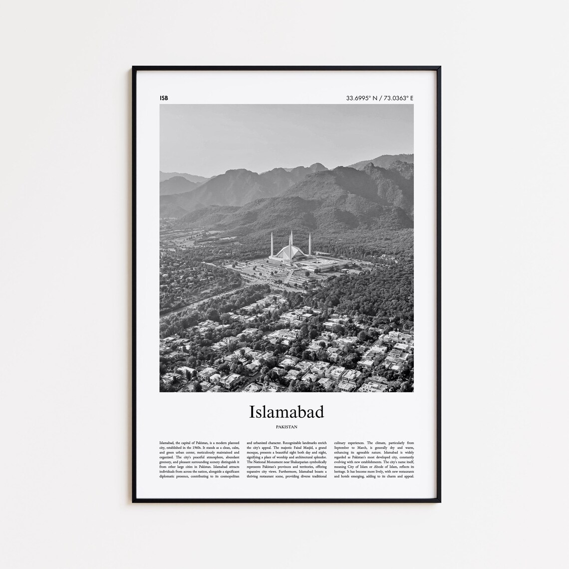 Islamabad Pakistan Black And White Faisal Mosque Travel Photo Poster