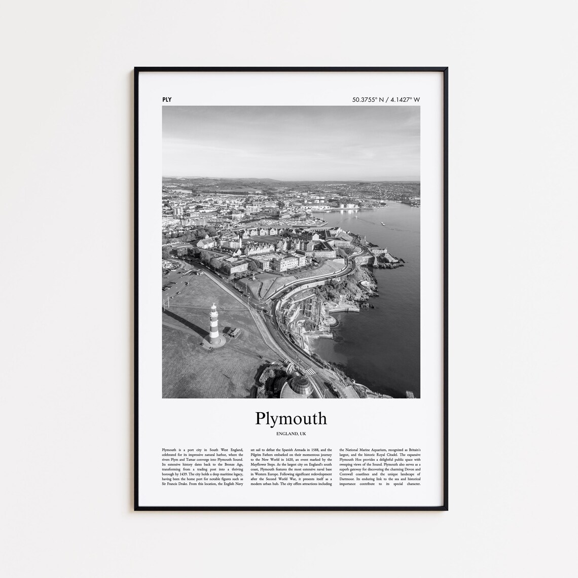Plymouth England Black White Harbor Aerial Photo Travel Poster