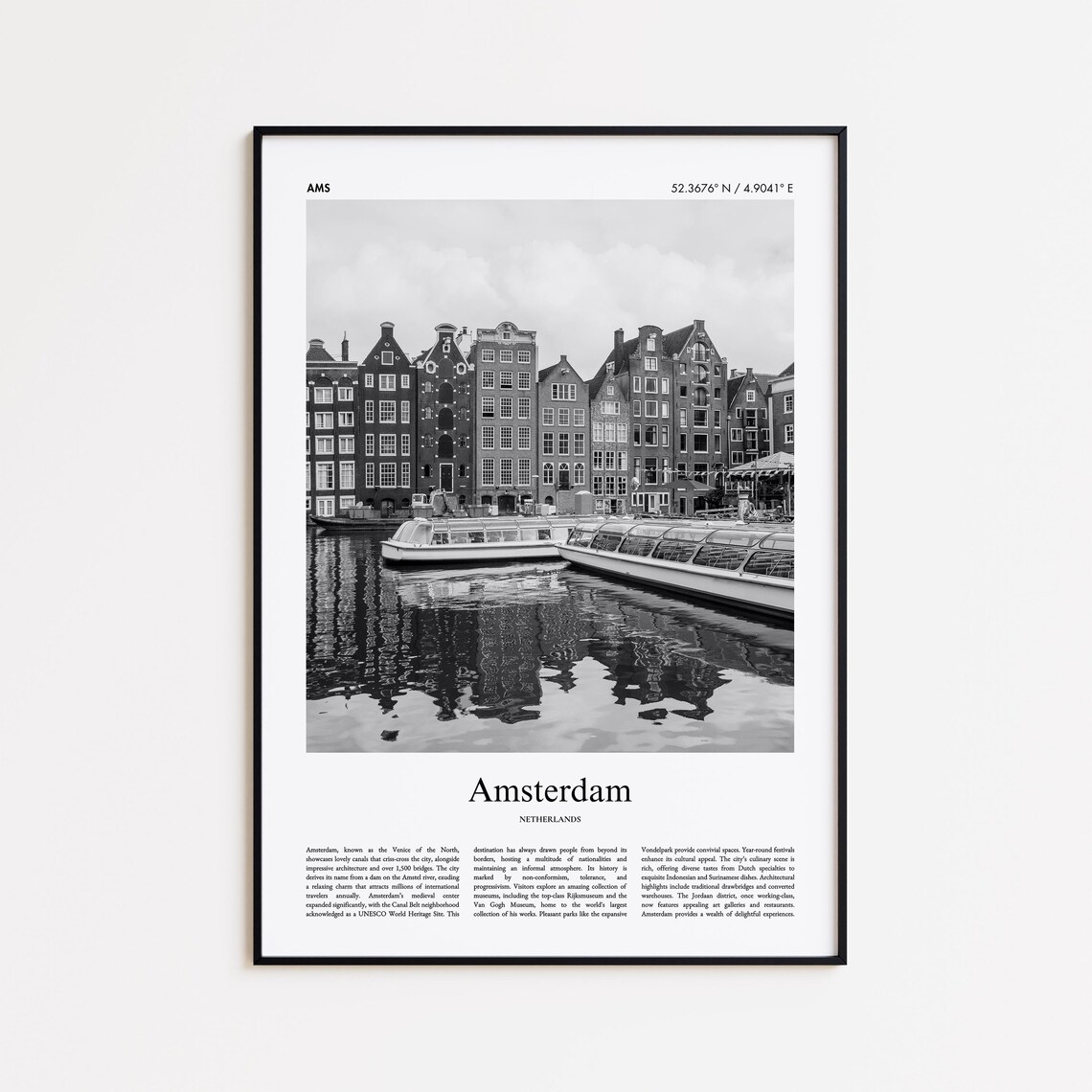 Amsterdam Netherlands Black And White Canal Houses Photo Poster