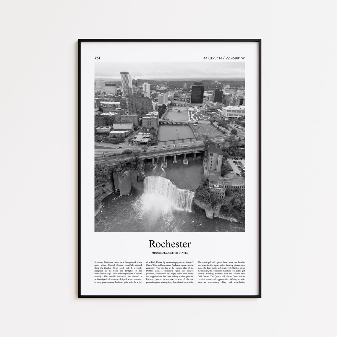Rochester Minnesota Black and White Waterfall City Travel Poster