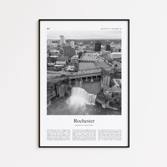 Rochester Minnesota Black and White Waterfall City Travel Poster