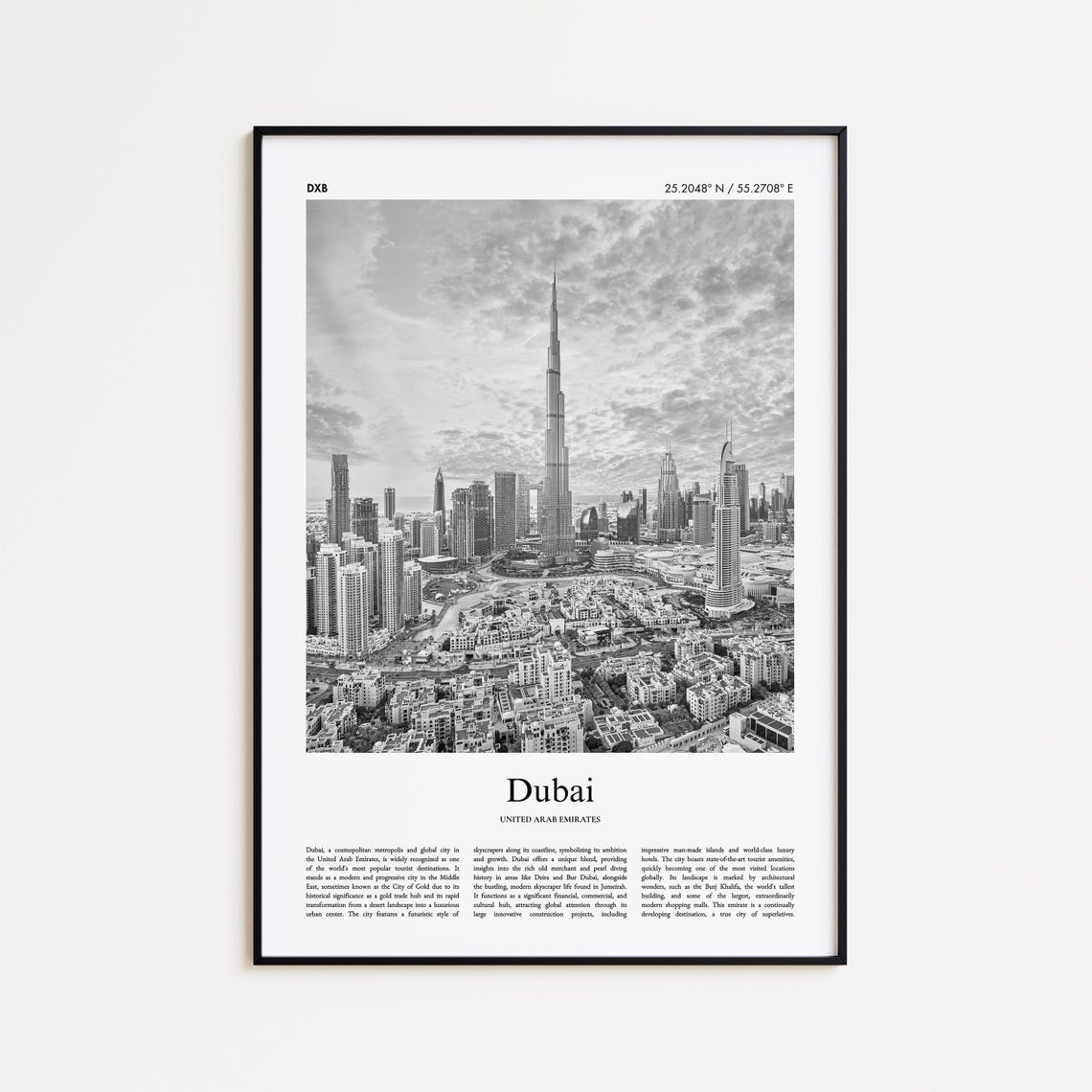 Dubai UAE Black And White Burj Khalifa City Skyline Photo Poster