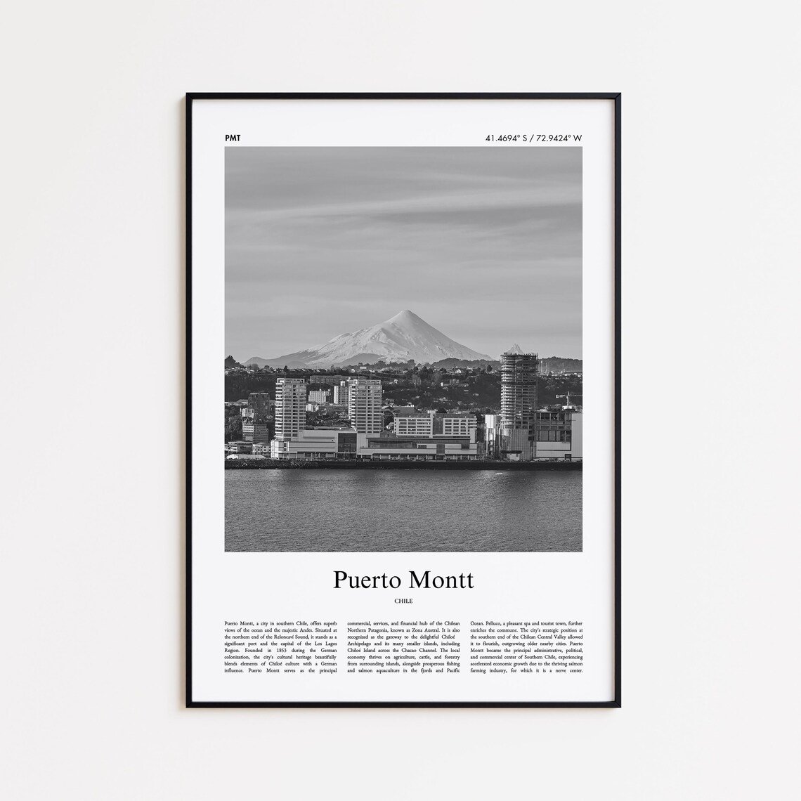 Puerto Montt Chile Black And White Waterfront Volcano Poster