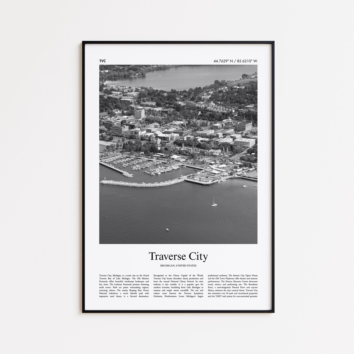 Traverse City Michigan Black And White Aerial Bay Photo Poster