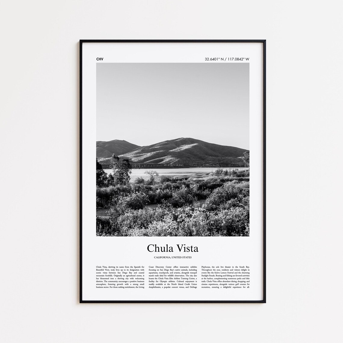 Chula Vista California Foothills Black and White Travel Poster