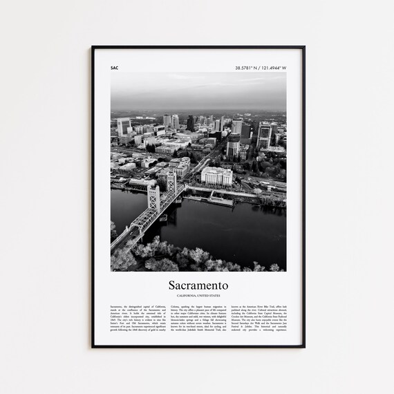 Sacramento California Tower Bridge Downtown Black White Travel Poster