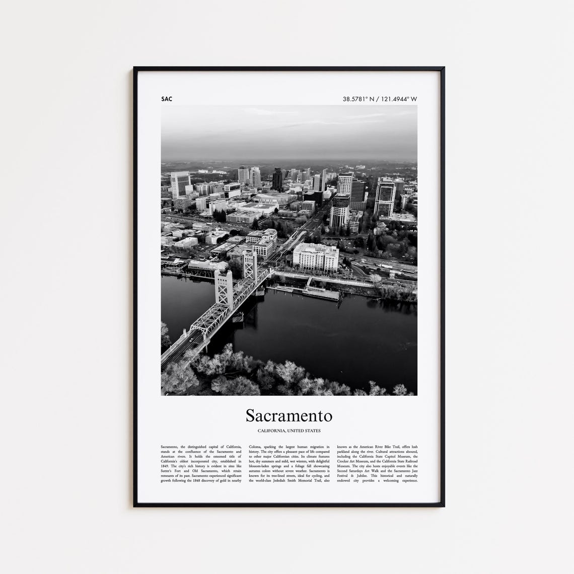 Sacramento California Tower Bridge Downtown Black White Travel Poster