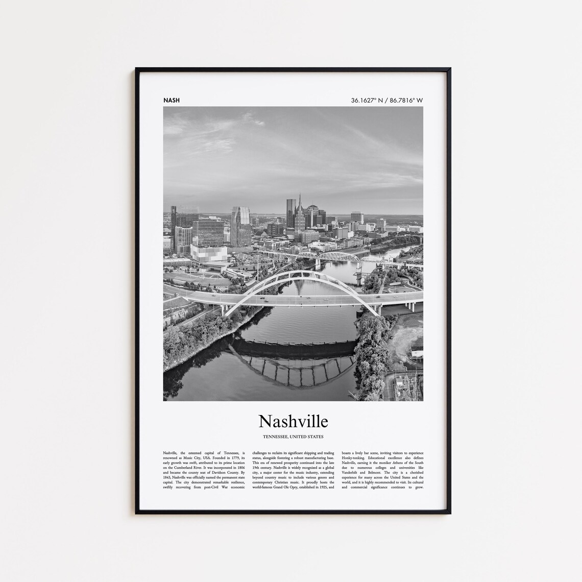 Nashville Tennessee Skyline Black And White River Bridge Photo Poster