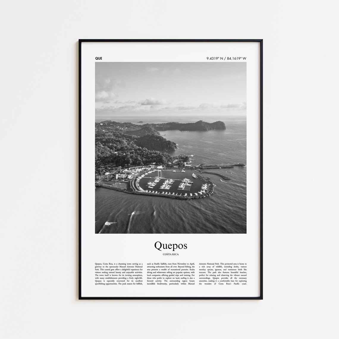 Quepos Black and White Travel Poster, Costa Rica