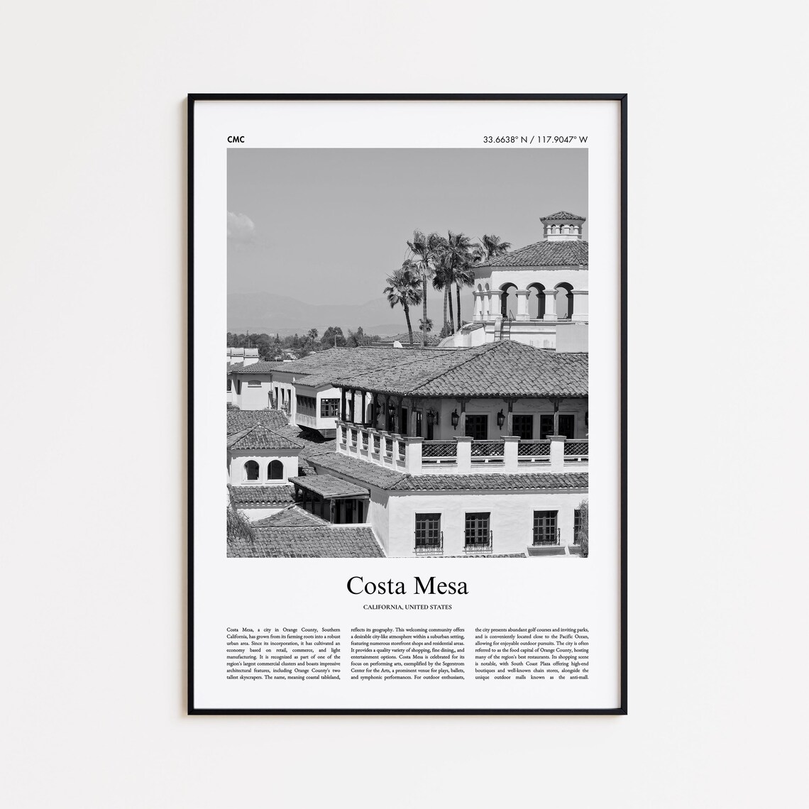 Costa Mesa California Spanish Colonial Rooftops Black and White Photo Poster