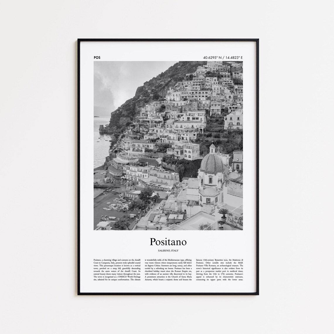 Positano Amalfi Coast Cliffside Village Black and White Poster