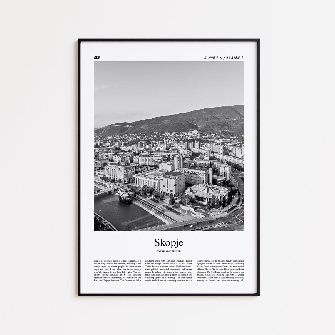 Skopje North Macedonia Black And White Cityscape Photo Poster