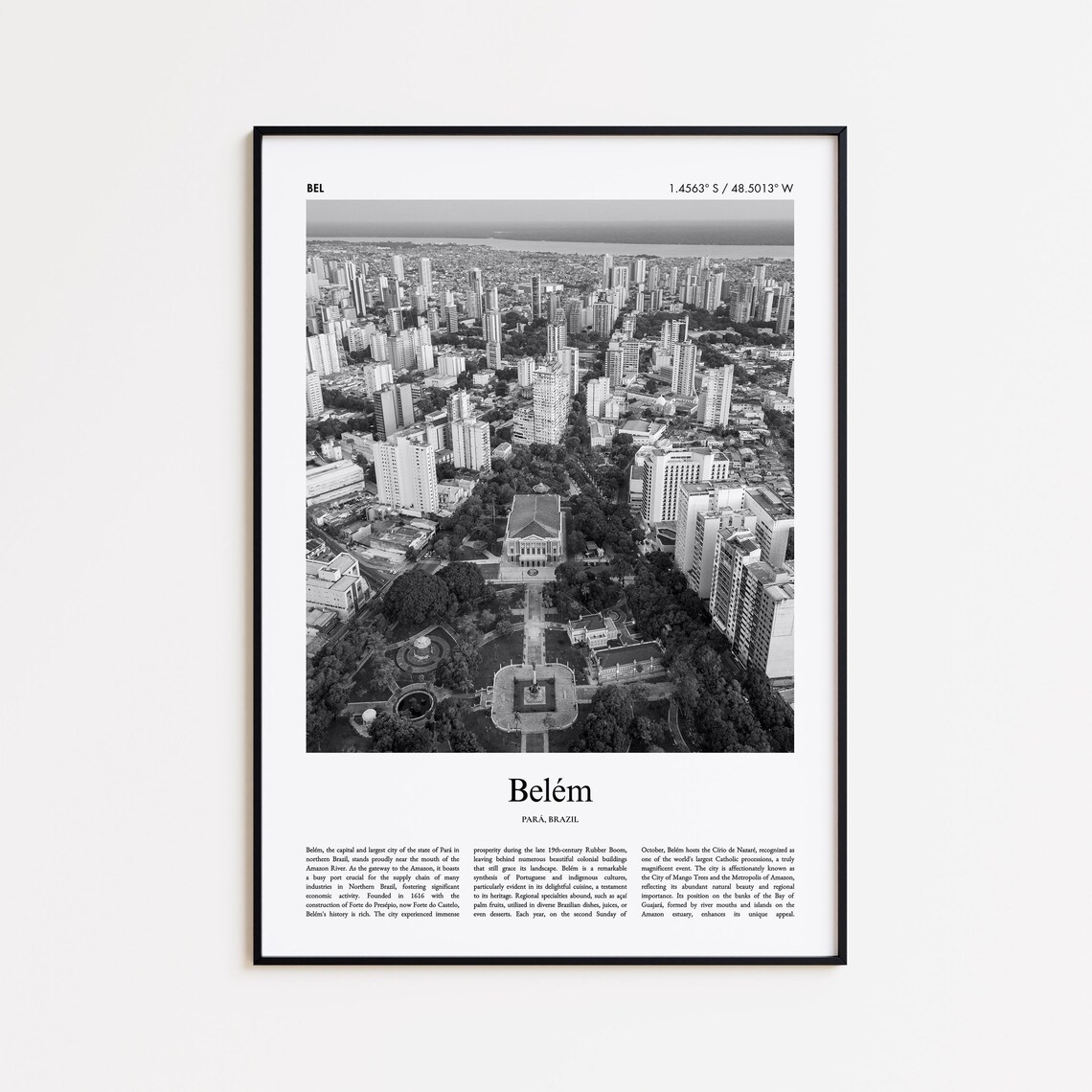 Belem Para Brazil Black and White Aerial City Photo Travel Poster