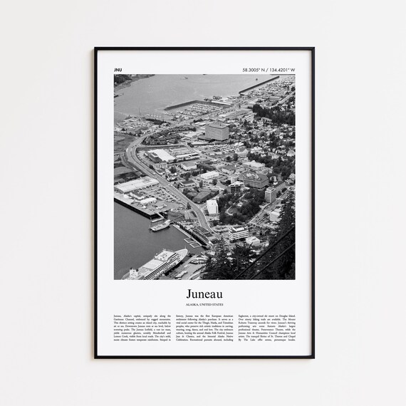 Juneau Alaska Black and White Photo Travel Poster City Aerial Art