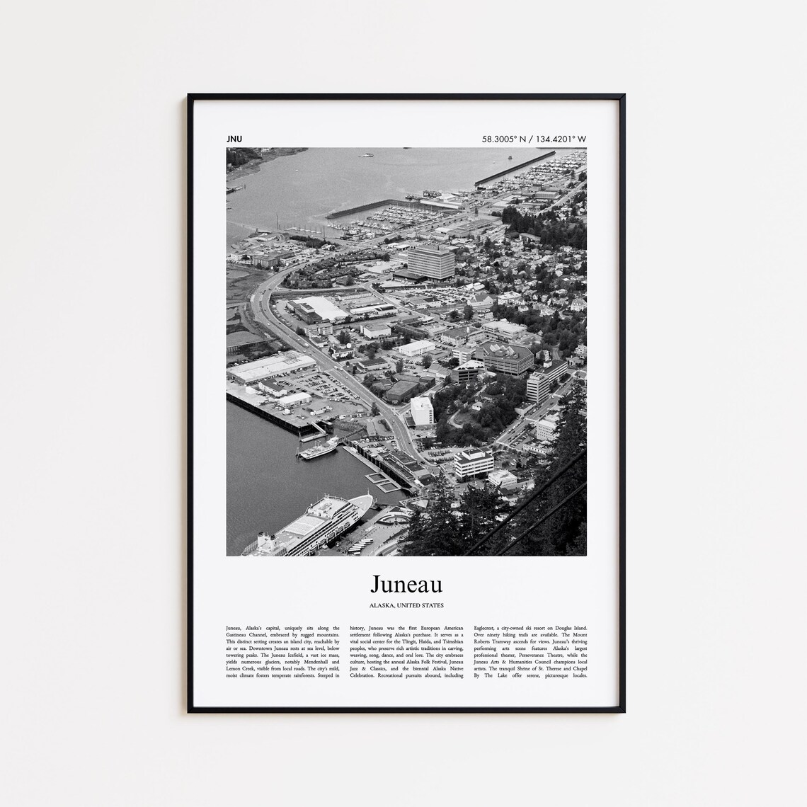 Juneau Alaska Black and White Photo Travel Poster City Aerial Art
