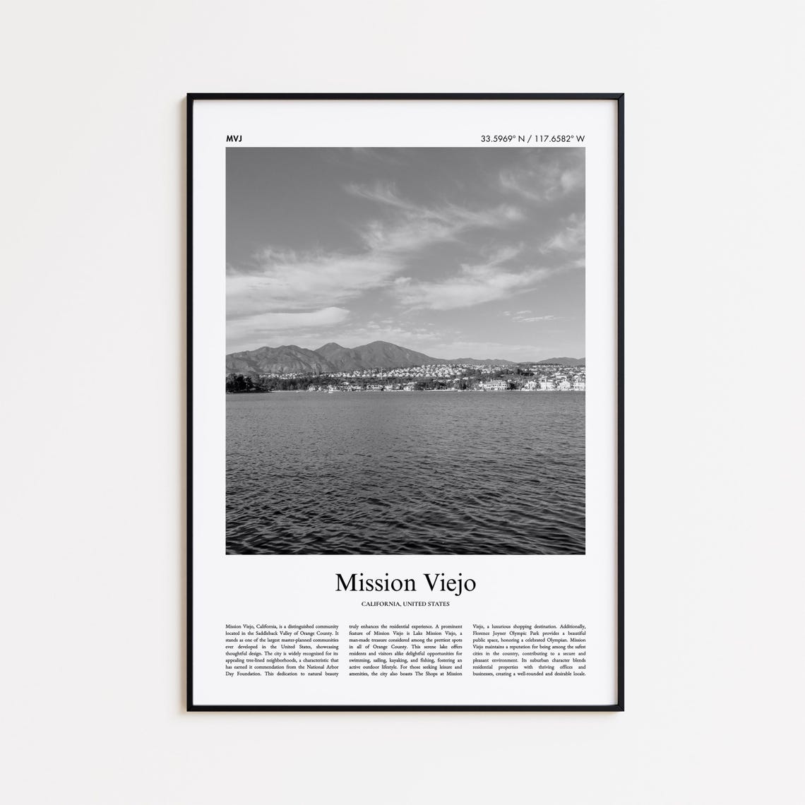 Mission Viejo Black and White Lake Mountains Shore Photo Poster