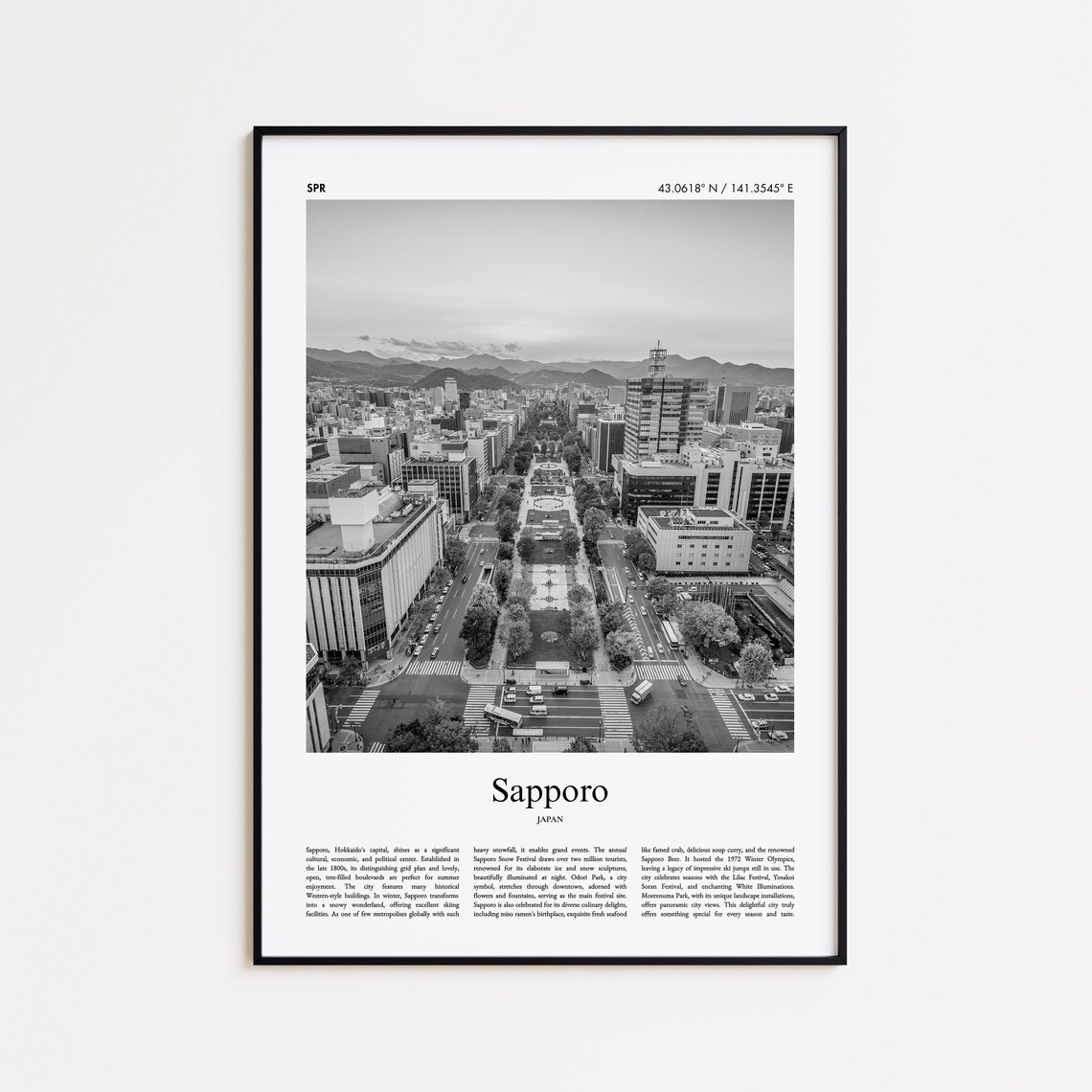 Sapporo Japan Black And White City Aerial View Travel Photo Poster