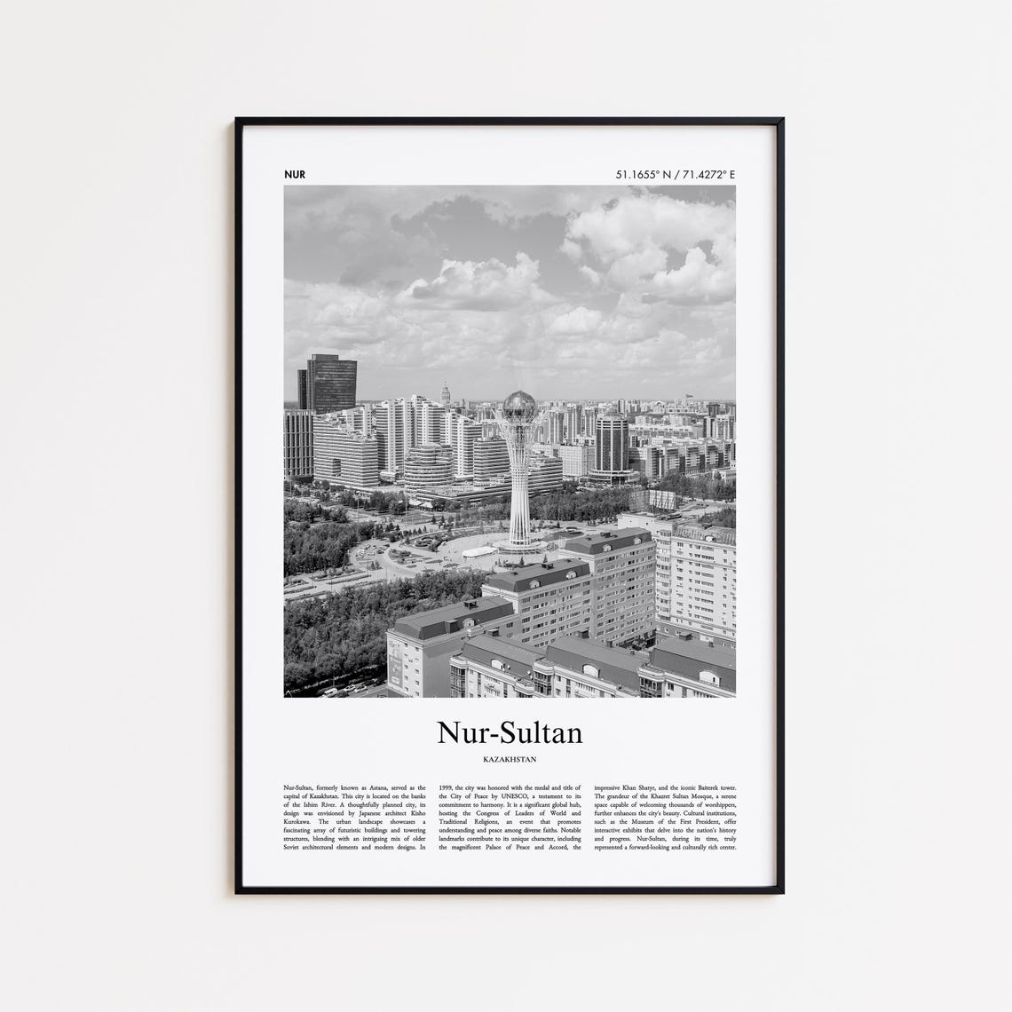 Nur-Sultan Kazakhstan Black and White City Photography Poster