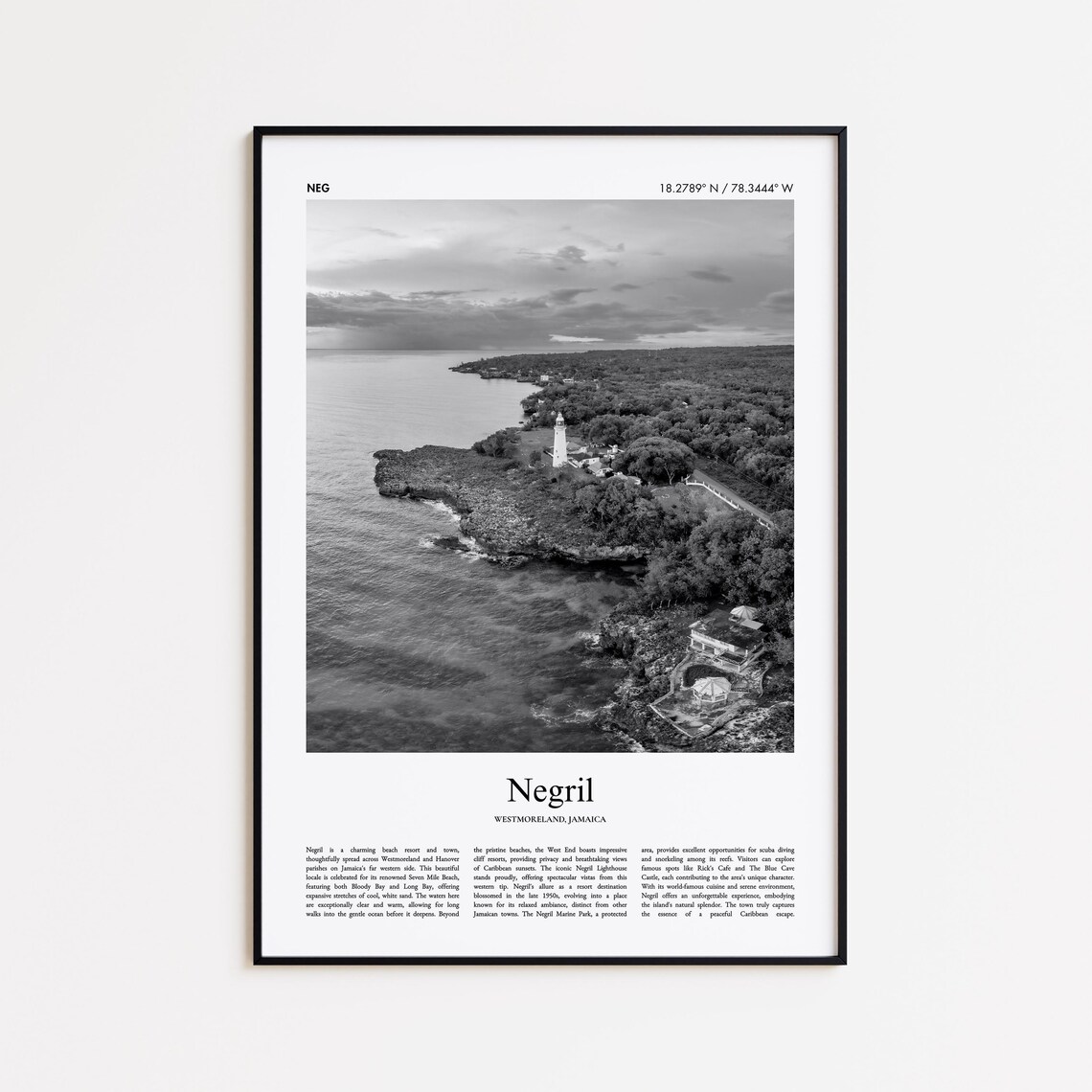Negril Jamaica Black And White Coastal Aerial Photo Travel Print