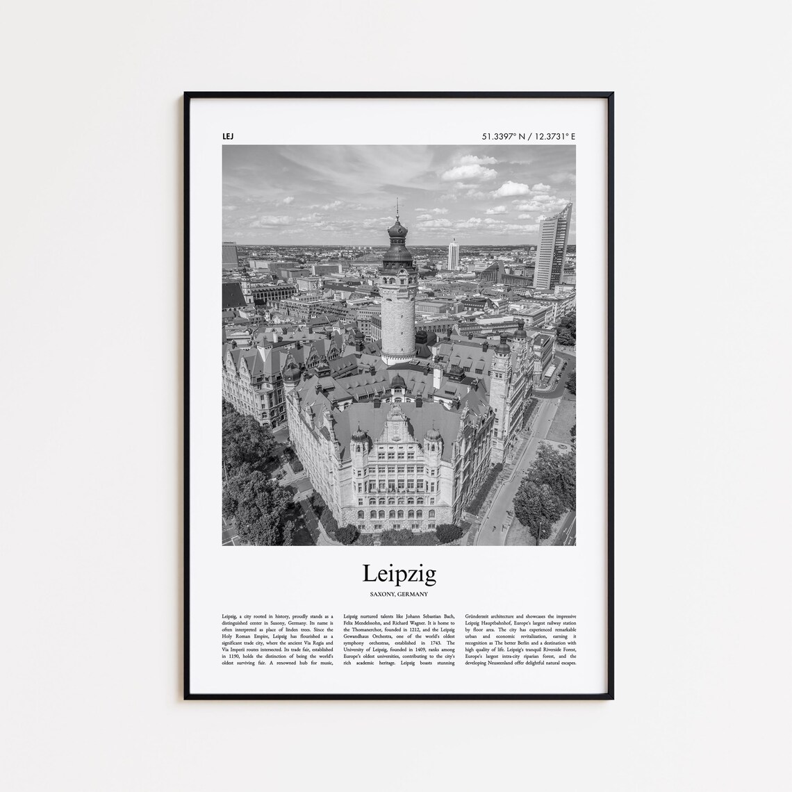 Leipzig Germany Black and White Cityscape Photo Travel Poster