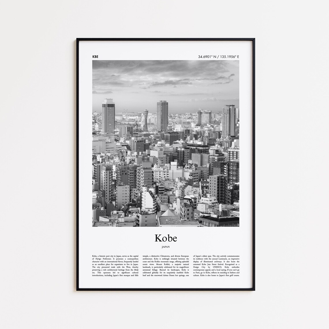Kobe Japan Black And White City Skyline Photo Travel Wall Poster