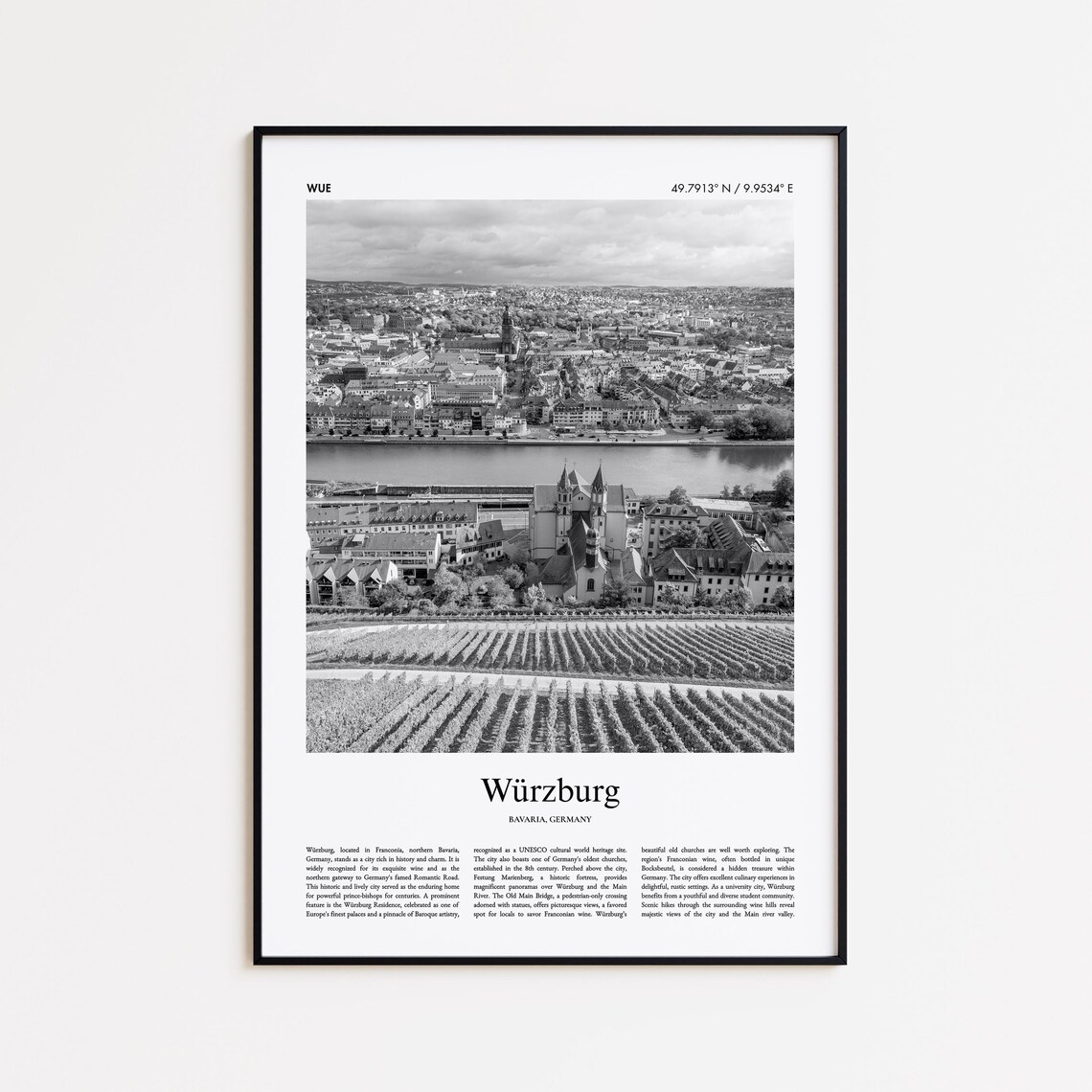 Wurzburg Vineyards Fortress River Black and White Germany Poster