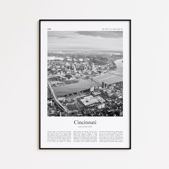 Cincinnati Ohio Riverfront Aerial Black White Photography Travel Poster