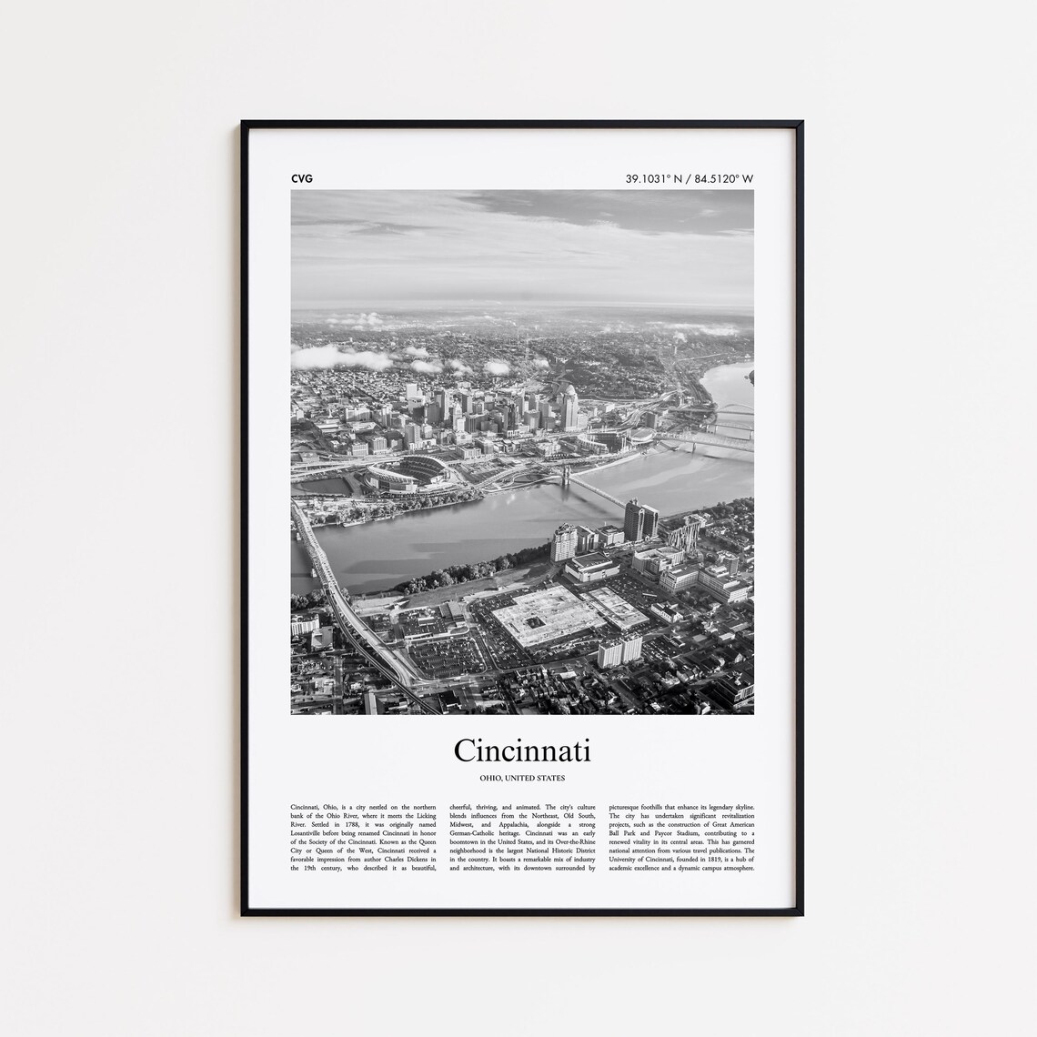 Cincinnati Ohio Riverfront Aerial Black White Photography Travel Poster