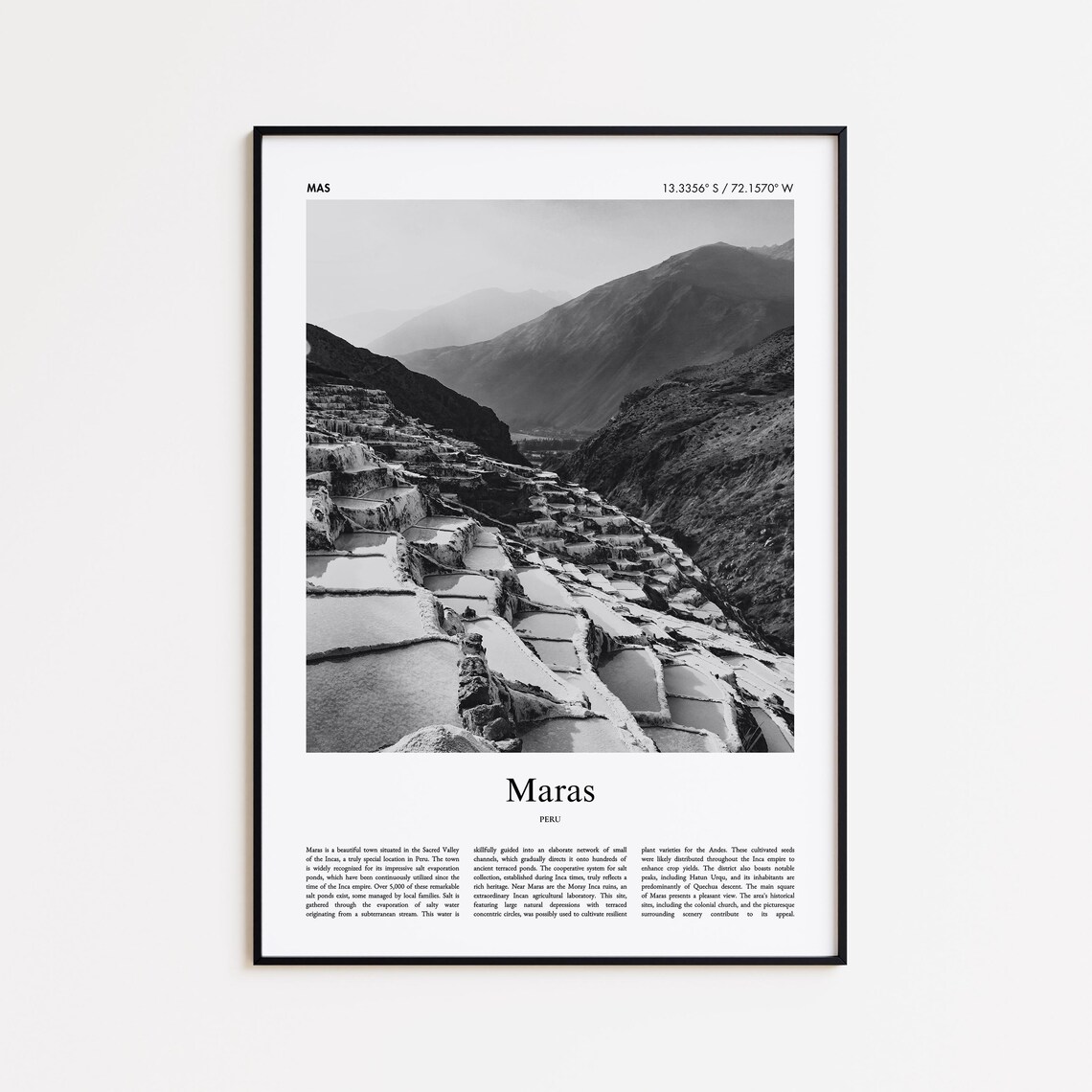 Maras Peru Black and White Salt Terraces Sacred Valley Travel Poster