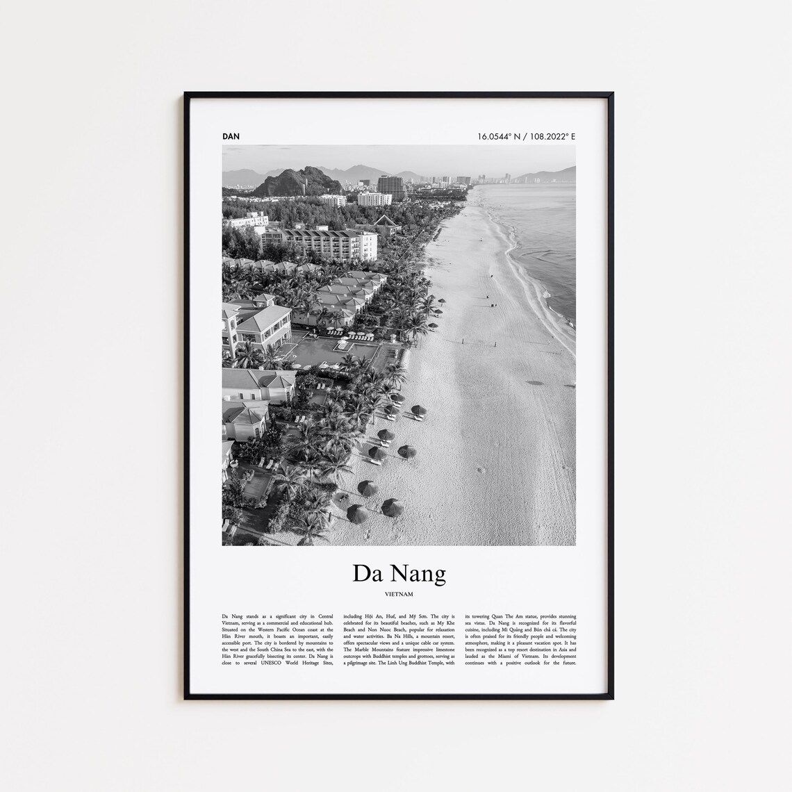 Da Nang Vietnam Beach Resort Aerial Black And White Travel Poster