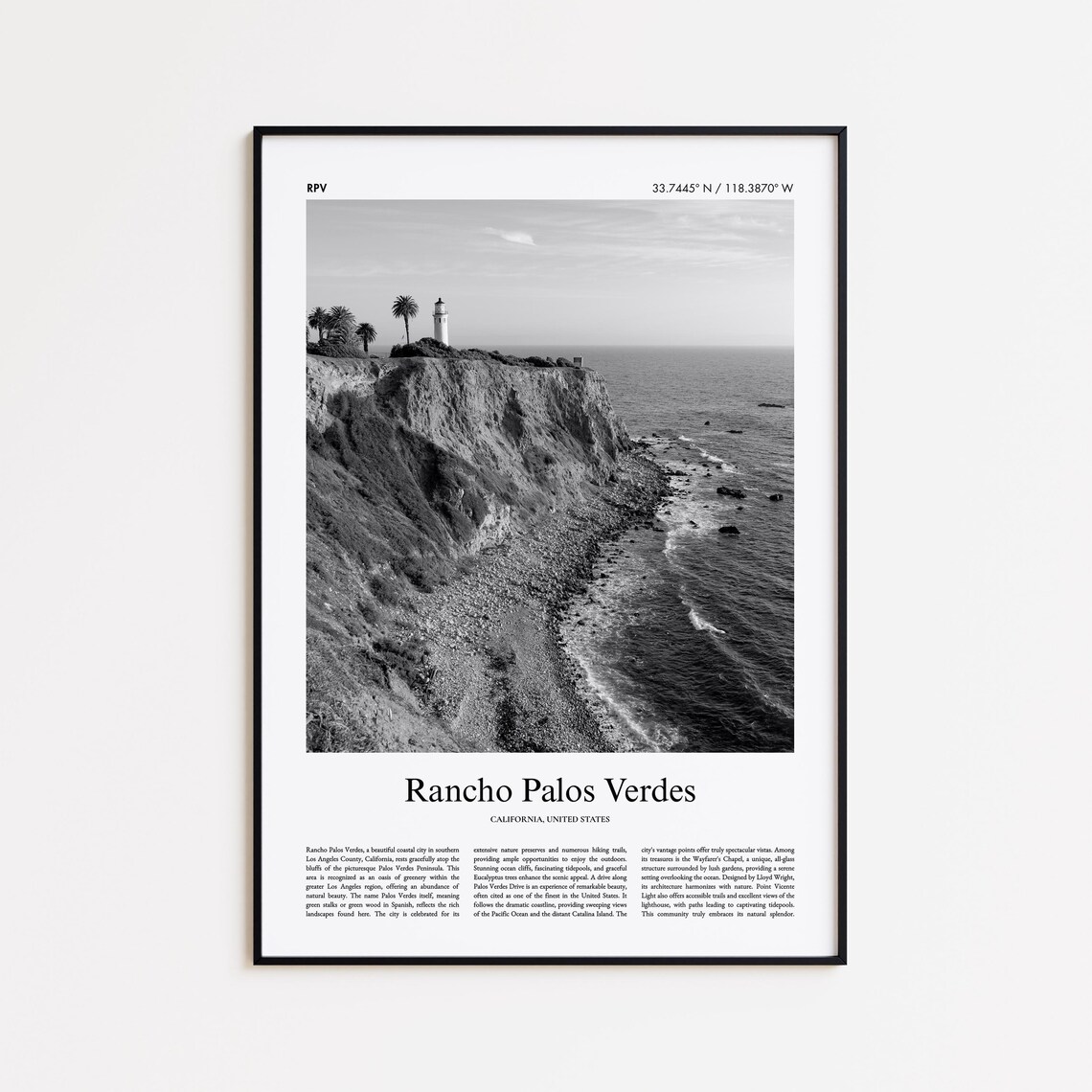 Rancho Palos Verdes California Black And White Photo Poster With Coordinates
