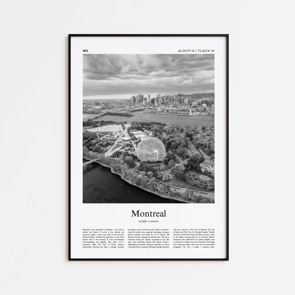 Montreal Black and White City Photo Travel Poster Quebec Canada