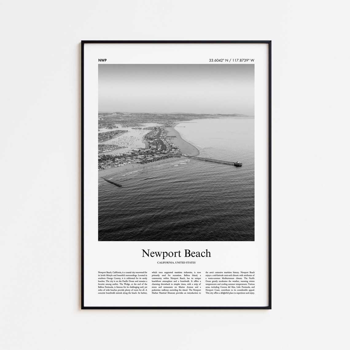 Newport Beach California Coastline Aerial Black White Photography Travel Poster