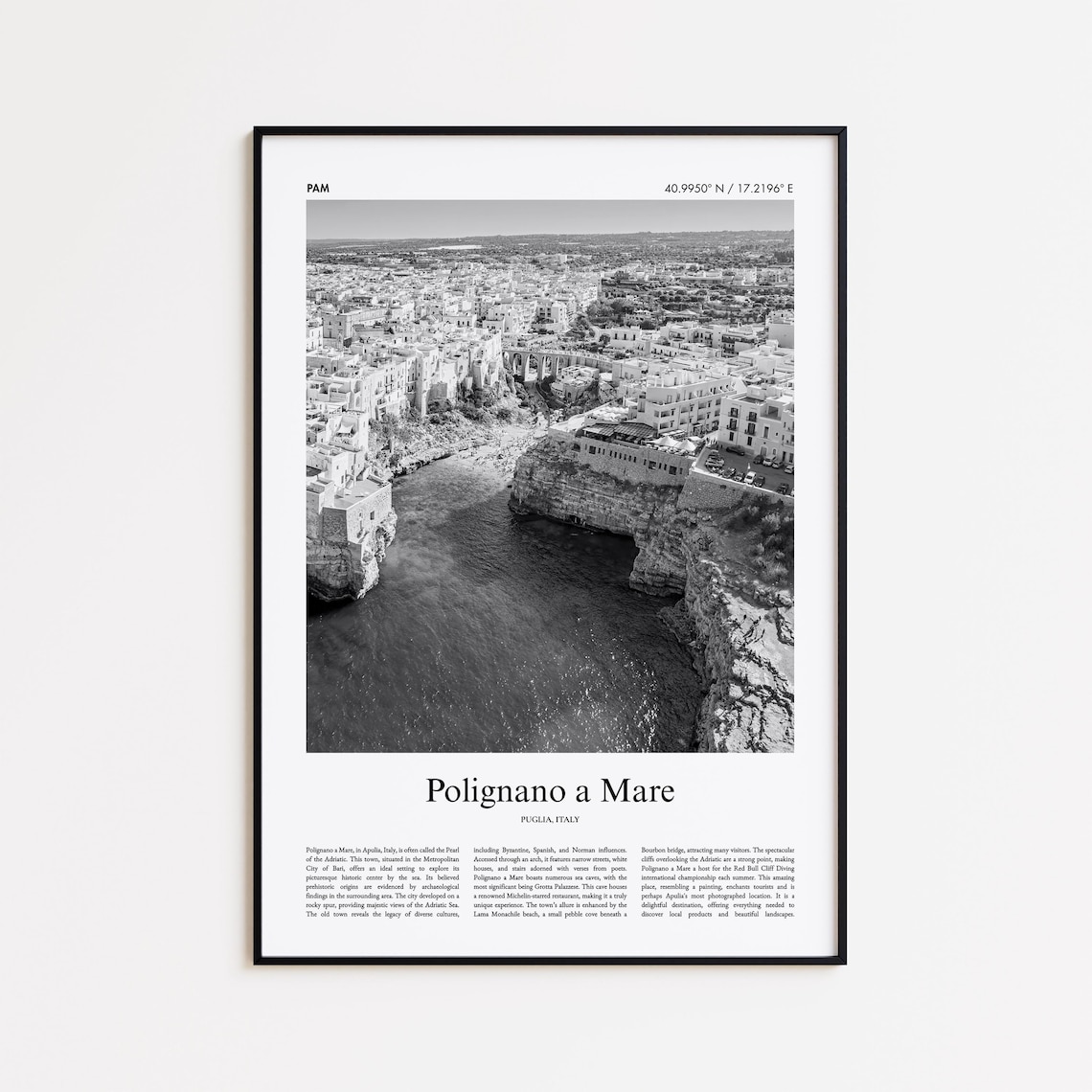 Polignano A Mare Italy Black And White Cliff Coast Photo Travel Poster