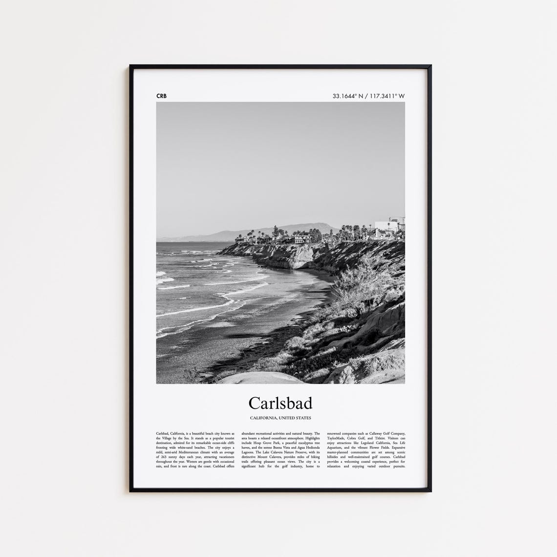Carlsbad California Black White Ocean Beach Waves Coastal Poster
