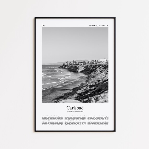 Carlsbad California Black White Ocean Beach Waves Coastal Poster