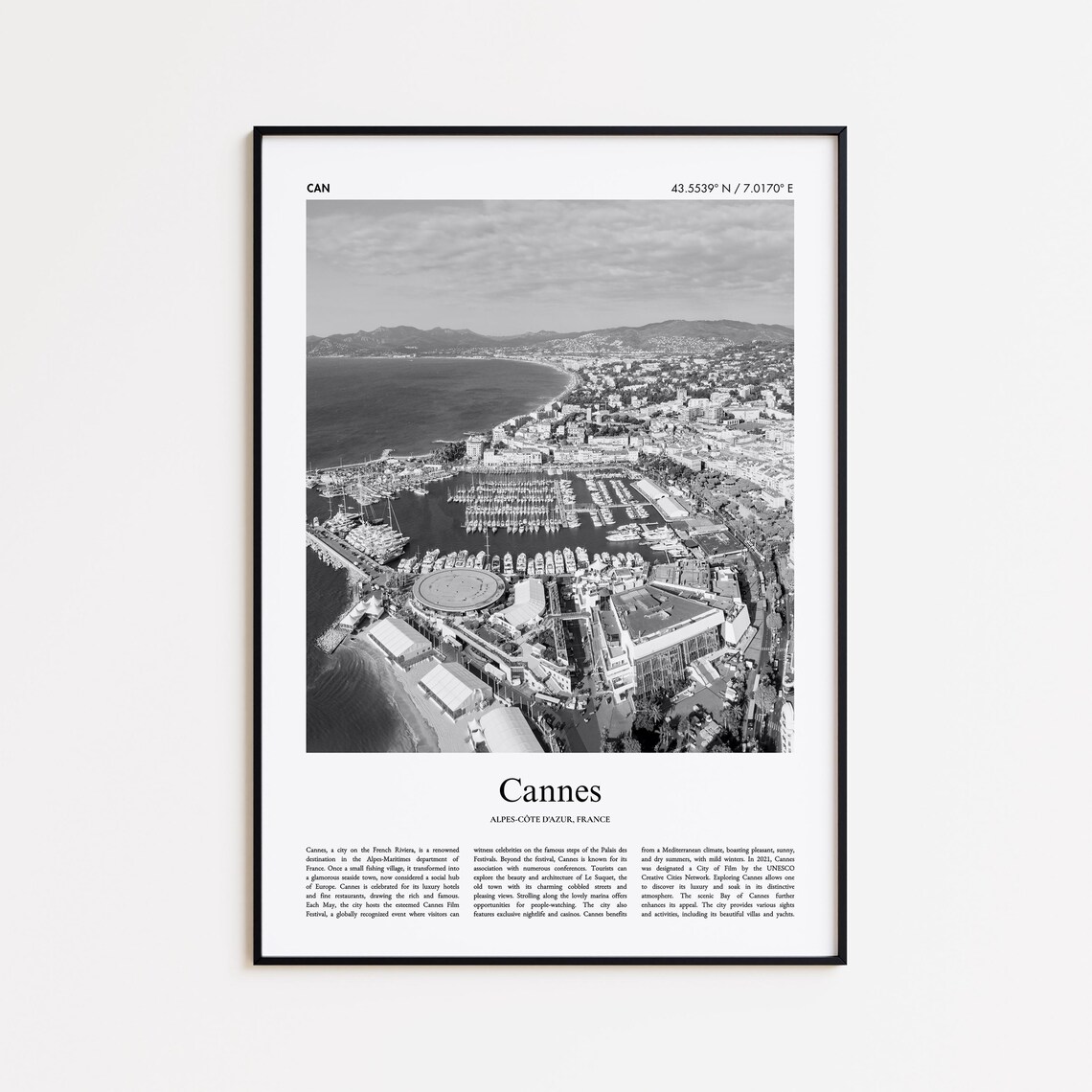 Cannes France Harbor Aerial Black and White Photography Poster