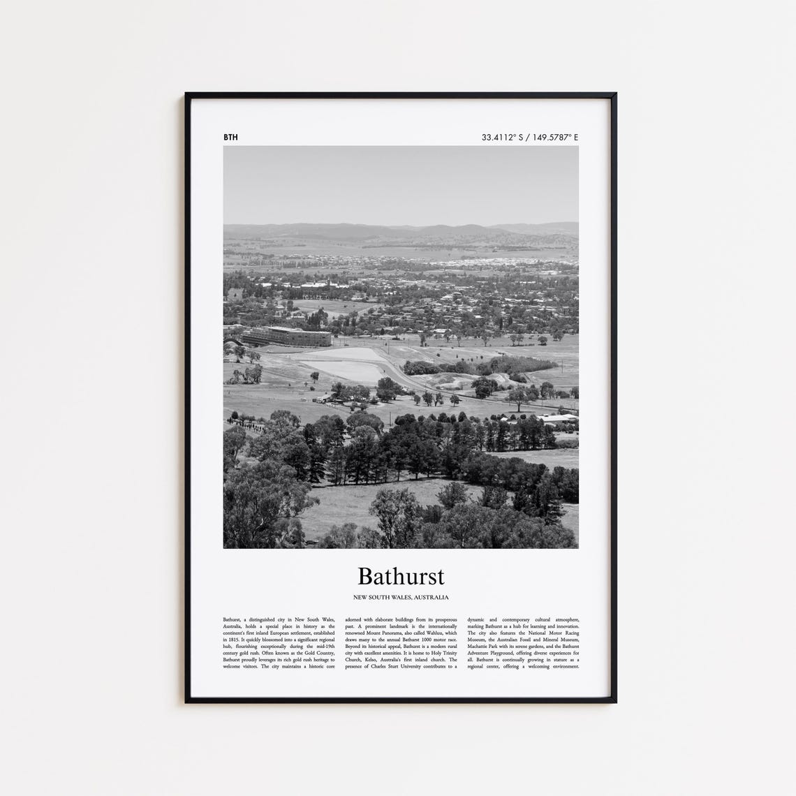 Bathurst New South Wales Aerial View Black And White Art Poster
