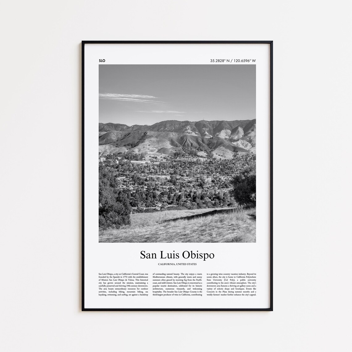 San Luis Obispo California Black White Hills Photo Travel Poster