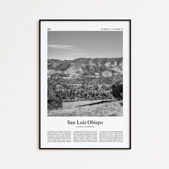 San Luis Obispo California Black White Hills Photo Travel Poster