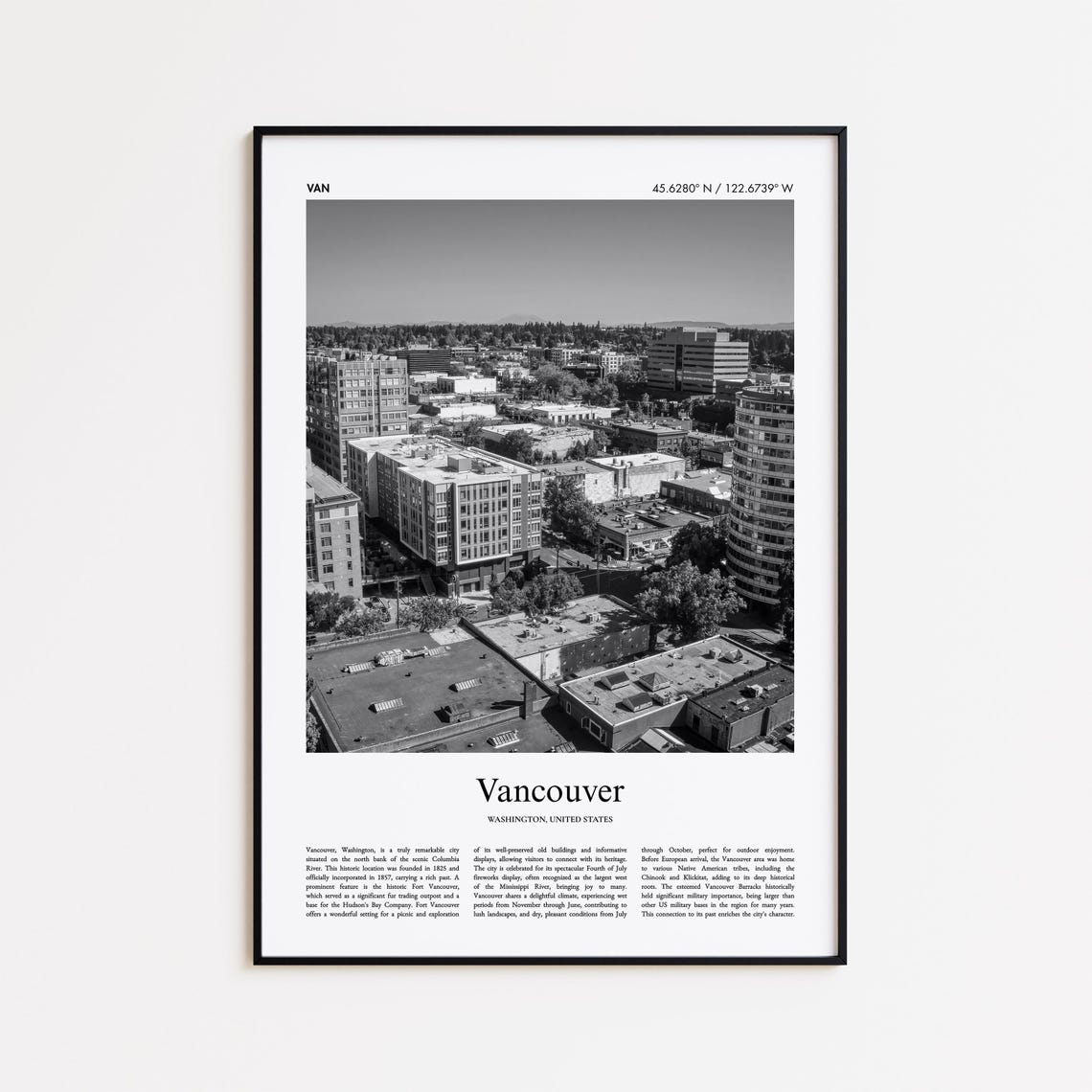 Vancouver Washington Black And White Photo Poster With Coordinates