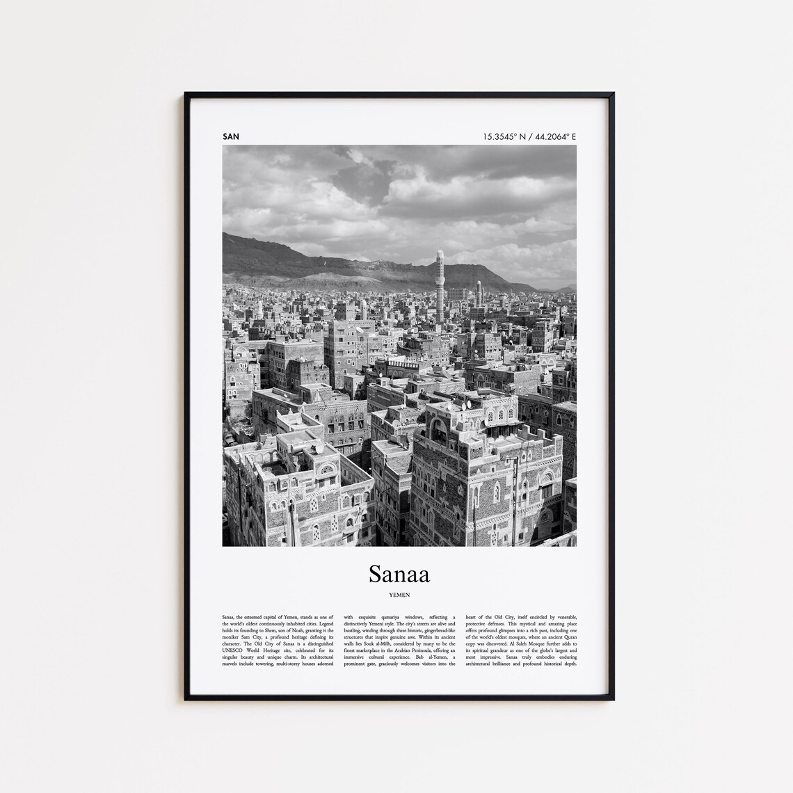 Sanaa Yemen Black and White Old City Aerial Photo Travel Poster