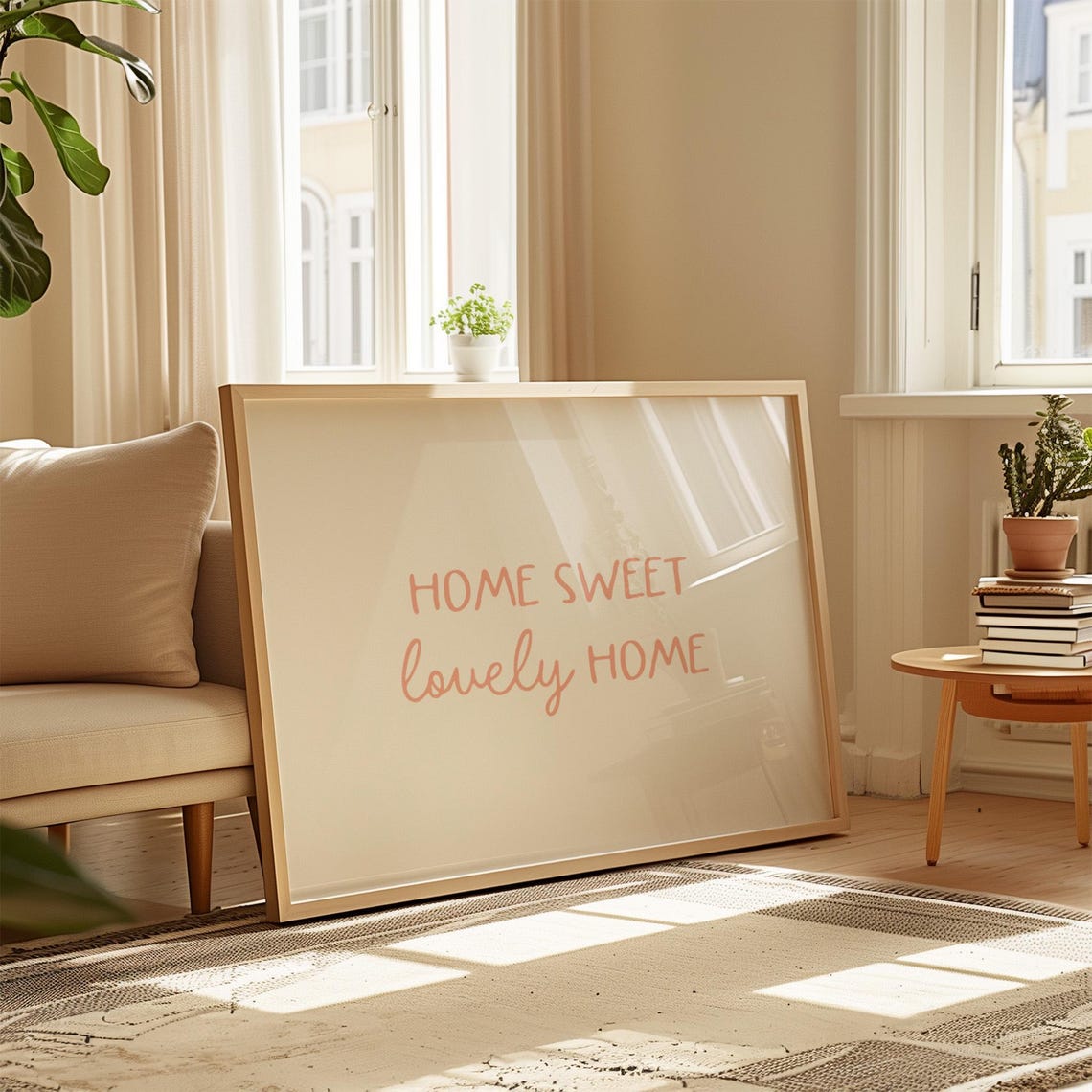 Home Sweet Lovely Home Beige Script Typography Living Room Poster