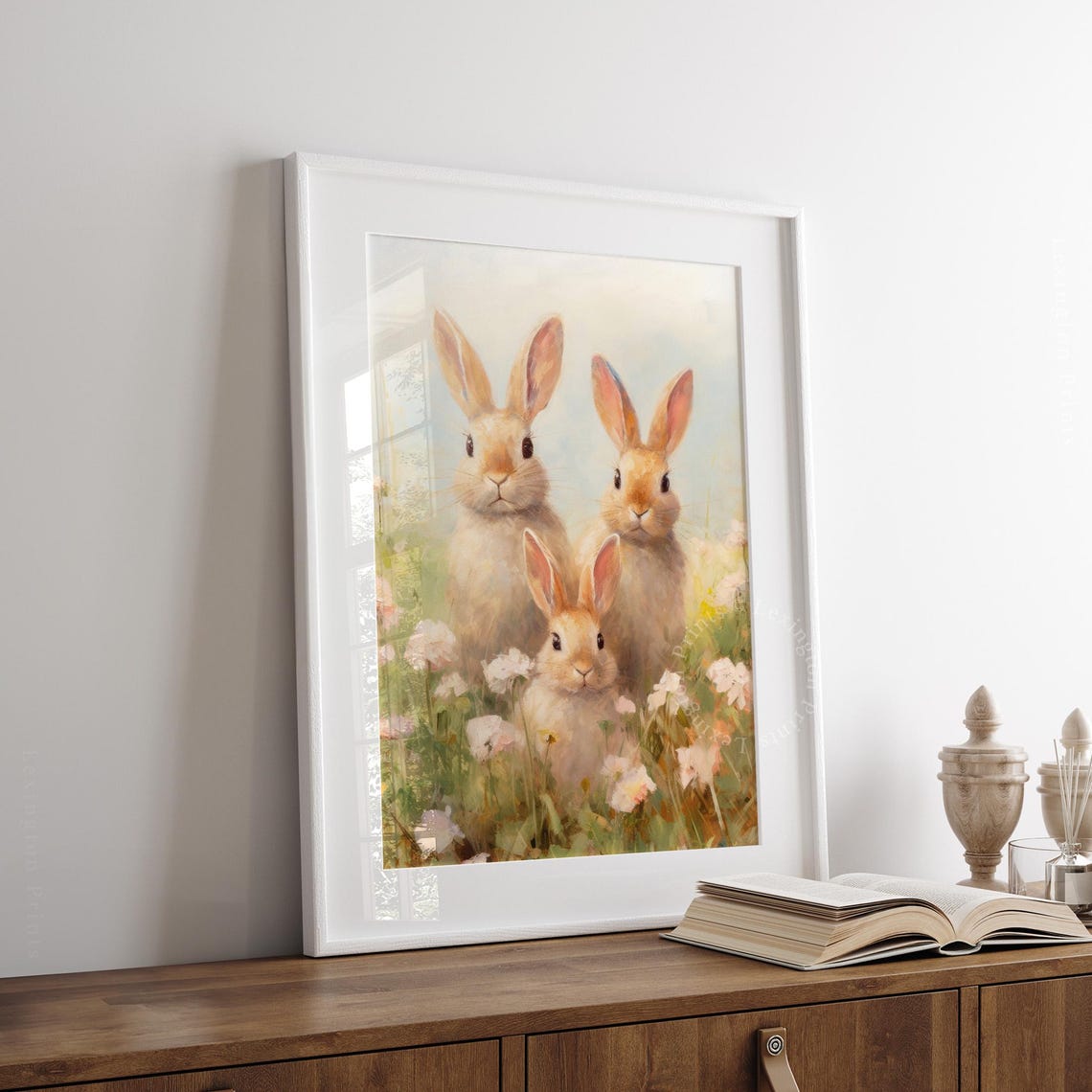 Three Bunnies Close Up Watercolor Spring Rabbit Family Wall Art - Image 7