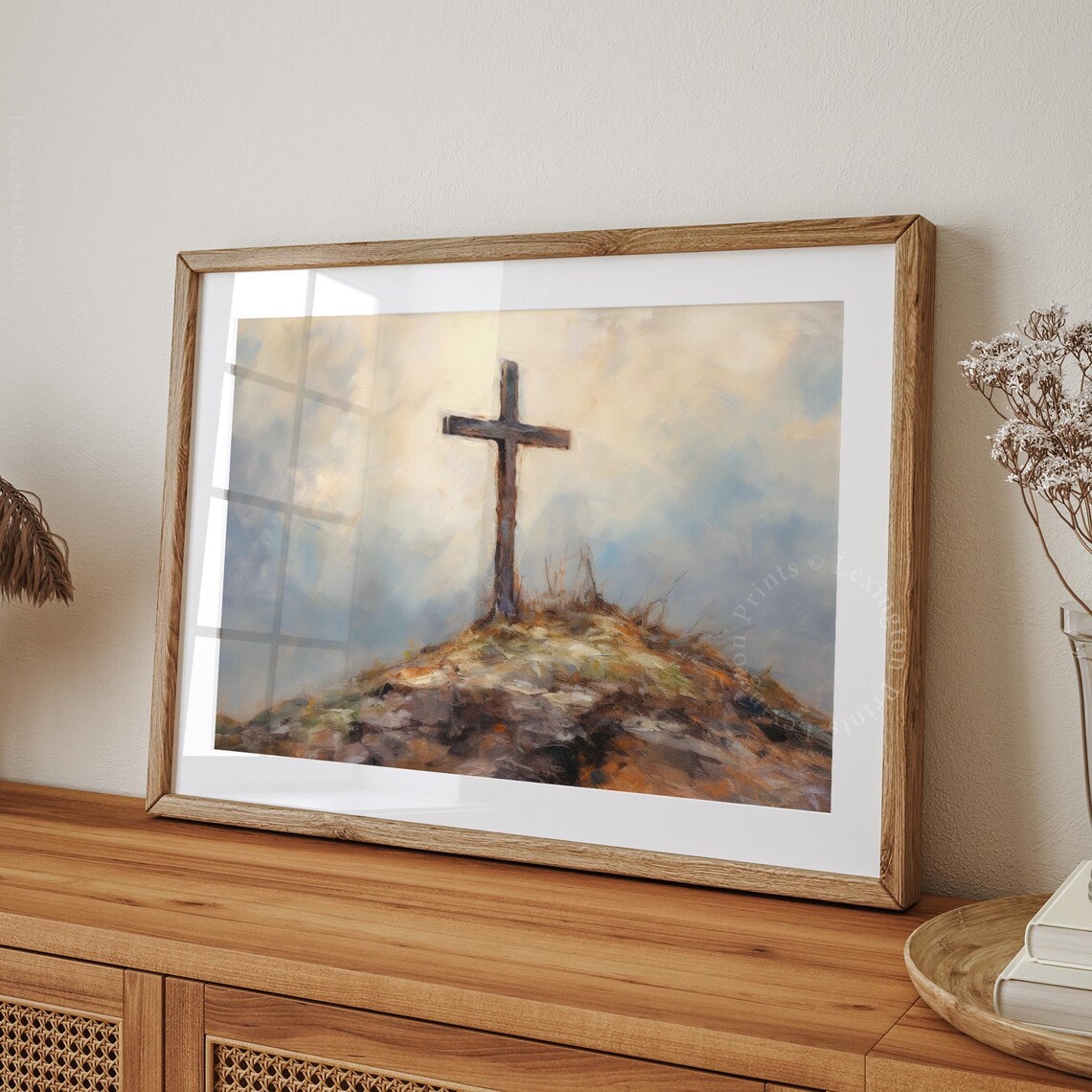 Wooden Cross on a Rocky Hill Vintage Religious Painting Poster - Image 8