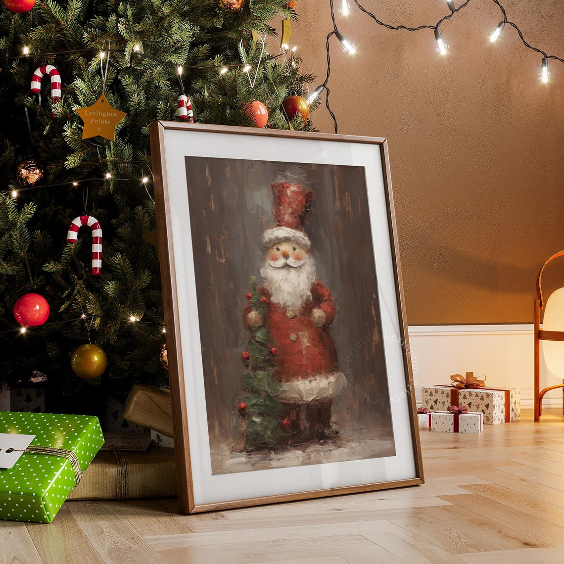 Rustic Folk Art Santa with Tall Red Hat Holding Berry Tree Poster - Image 7