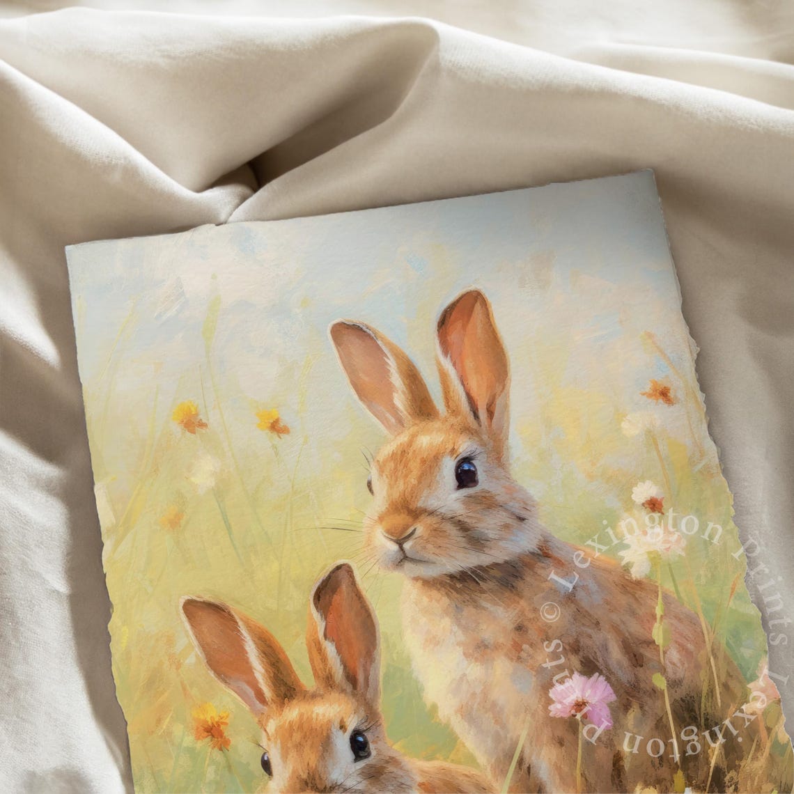 Two Bunnies in a Wildflower Meadow Vintage Spring Farmhouse Wall Art - Image 4