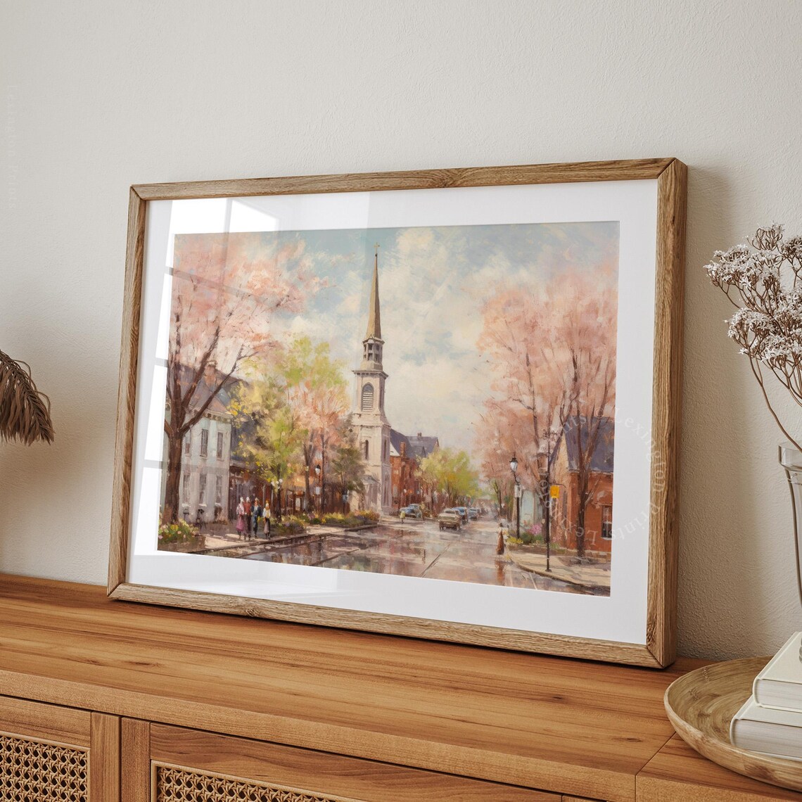 Spring Cherry Blossom Street Church Steeple Vintage Painting Poster - Image 8